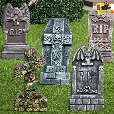 JOYIN Lot de 5 pierres tombales en mousse pour cimetière d'Halloween de 43,2 cm et 10 piquets en métal pour décorations de cour d'Halloween JOYIN Lot de 5 pierres tombales en mousse pour cimetière d'Halloween de 43,2 cm et 10 piquets en métal pour décorations de cour d'Halloween