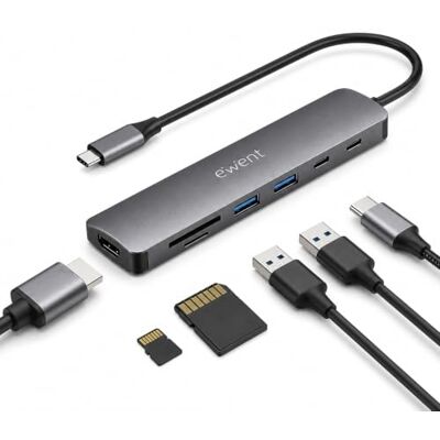 Ewent Hub USB-C 7 en 1 avec HDMI 4K 60Hz, Hub USB 3.2 Gen1, Charge PD 100W, 2 USB-A, USB-C données, lecteur SD/TF, adaptateur multiport station d'accueil pour ordinateur portable tablette MacBook et Ewent Hub USB-C 7 en 1 avec HDMI 4K 60Hz, Hub USB 3.2 Gen1, Charge PD 100W, 2 USB-A, USB-C données, lecteur SD/TF, adaptateur multiport station d'accueil pour ordinateur portable tablette MacBook et