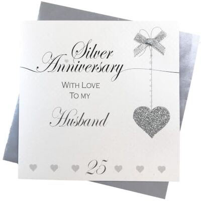 White Cotton Cards LLA25H Carte faite à la main pour 25e anniversaire de mariage d'argent pour mari – Love Lines, blanc, gris, noir, 16 cm x 16 cm White Cotton Cards LLA25H Carte faite à la main pour 25e anniversaire de mariage d'argent pour mari – Love Lines, blanc, gris, noir, 16 cm x 16 cm