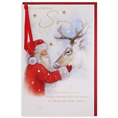 Clintons : Carte de Noël Père Noël et renne pour fils Clintons : Carte de Noël Père Noël et renne pour fils