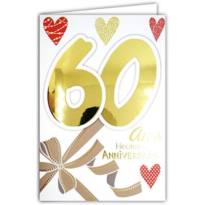 AFIE 69-2138 Carte Anniversaire 60 ans Femme Nœud Ruban Cadeau Cœurs AFIE 69-2138 Carte Anniversaire 60 ans Femme Nœud Ruban Cadeau Cœurs