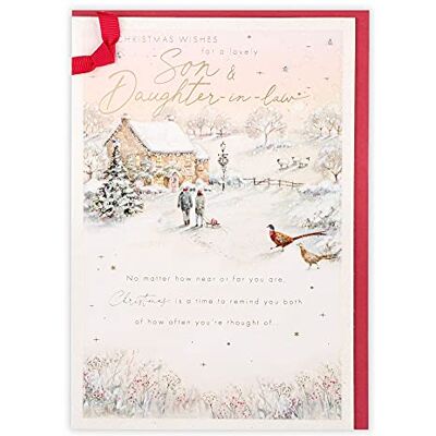 Clintons : Carte de Noël pour belle-fille et couple et maison enneigée Clintons : Carte de Noël pour belle-fille et couple et maison enneigée