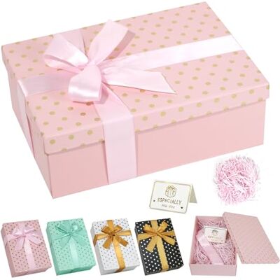FORETOGO Boîte cadeau rose avec couvercle, grande boîte cadeau, motif à pois avec papier raphia, carte de vœux, nœud papillon, 25 x 18 x 8,5 cm, boîte d'emballage cadeau vide pliable pour mariage, anniversaire FORETOGO Boîte cadeau rose avec couvercle, grande boîte cadeau, motif à pois avec papier raphia, carte de vœux, nœud papillon, 25 x 18 x 8,5 cm, boîte d'emballage cadeau vide pliable pour mariage, anniversaire