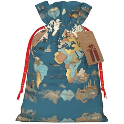 BKDODKS Sac cadeau de Noël imprimé carte du monde avec ruban bonbons fête de Noël BKDODKS Sac cadeau de Noël imprimé carte du monde avec ruban bonbons fête de Noël