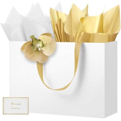 HONTIUS Grand sac cadeau avec clip d'orchidée avec papier de soie et carte, 40 x 30 x 12,5 cm pour mariage, anniversaire, fête, cadeau pour femme Noël HONTIUS Grand sac cadeau avec clip d'orchidée avec papier de soie et carte, 40 x 30 x 12,5 cm pour mariage, anniversaire, fête, cadeau pour femme Noël