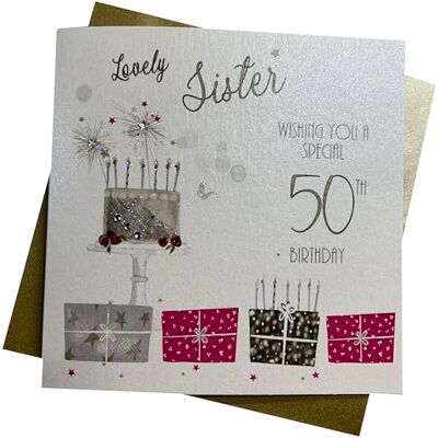 White Cotton Cards WB 190–50 Rose présente, Lovely Sister 50 Wishing You A Special Birthday Carte 50e Anniversaire Faite à la Main Blanc White Cotton Cards WB 190–50 Rose présente, Lovely Sister 50 Wishing You A Special Birthday Carte 50e Anniversaire Faite à la Main Blanc