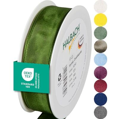 Halbach Seidenbänder Ruban cadeau de qualité supérieure avec bord métallique Largeur : 25 mm Longueur : 25 m Certifié Öko-Tex 100 Ruban en taffetas fabriqué en Allemagne Couleur : vert Halbach Seidenbänder Ruban cadeau de qualité supérieure avec bord métallique Largeur : 25 mm Longueur : 25 m Certifié Öko-Tex 100 Ruban en taffetas fabriqué en Allemagne Couleur : vert