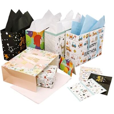 Sutowe Lot de 5 sacs cadeaux 33 x 12 x 26 cm avec 15 papiers de soie et 5 cartes de vœux pour mariages, fêtes, courses Sutowe Lot de 5 sacs cadeaux 33 x 12 x 26 cm avec 15 papiers de soie et 5 cartes de vœux pour mariages, fêtes, courses