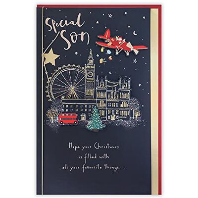 Clintons : Carte de Noël Père Noël volant sur Londres Clintons : Carte de Noël Père Noël volant sur Londres