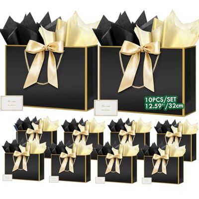 HONTIUS Lot de 10 sacs cadeaux de mariage avec 10 cartes de vœux, 10 feuilles de papier de soie, 32 x 25 x 12 cm, sacs cadeaux 12,6 x 9,84 x 3,94 pouces pour Noël, anniversaire, mariage H HONTIUS Lot de 10 sacs cadeaux de mariage avec 10 cartes de vœux, 10 feuilles de papier de soie, 32 x 25 x 12 cm, sacs cadeaux 12,6 x 9,84 x 3,94 pouces pour Noël, anniversaire, mariage H