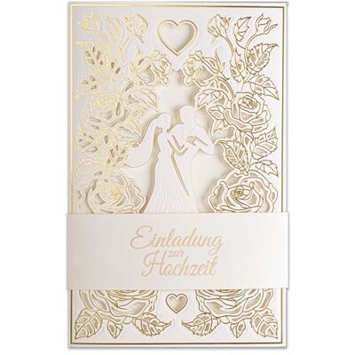 ART ZAP_DE_09 Lot de 20 invitations de mariage 130 x 205 mm avec inserts imprimables et enveloppes pour mariage, découpées au laser, décorées avec feuille d'or, motif pressé avec inscriptions ART ZAP_DE_09 Lot de 20 invitations de mariage 130 x 205 mm avec inserts imprimables et enveloppes pour mariage, découpées au laser, décorées avec feuille d'or, motif pressé avec inscriptions