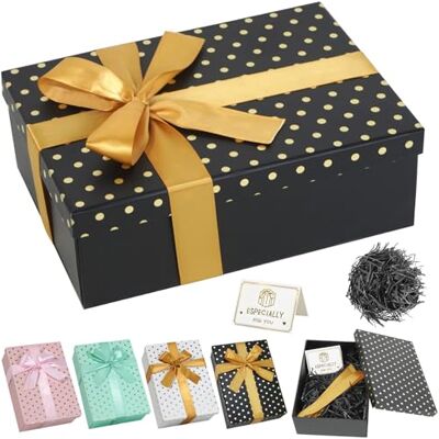 FORETOGO Boîte cadeau noire avec couvercle 25 x 18 x 8,5 cm Grande boîte cadeau Motif à pois avec papier raphia, carte de vœux, nœud, boîte d'emballage cadeau pliable pour mariage, anniversaire, Noël FORETOGO Boîte cadeau noire avec couvercle 25 x 18 x 8,5 cm Grande boîte cadeau Motif à pois avec papier raphia, carte de vœux, nœud, boîte d'emballage cadeau pliable pour mariage, anniversaire, Noël
