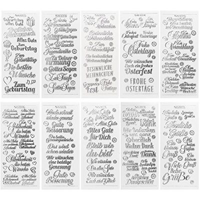 Ideen mit Herz Lot de 10 feuilles d'autocollants gravés transparents/argentés 10 x 23 cm Autocollants pour bricolage et décoration Cartes et cadeaux pour anniversaire, Noël et plus (souhaits et Ideen mit Herz Lot de 10 feuilles d'autocollants gravés transparents/argentés 10 x 23 cm Autocollants pour bricolage et décoration Cartes et cadeaux pour anniversaire, Noël et plus (souhaits et