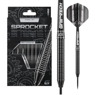 GOAT Sprocket 90% Tungstène Jeu de Fléchettes Pointe Acier, 21G/22G/23G/24G/26G/28G/32G, Noir, avec 3 Barrels, 3 Ailettes et 3 Tiges GOAT Sprocket 90% Tungstène Jeu de Fléchettes Pointe Acier, 21G/22G/23G/24G/26G/28G/32G, Noir, avec 3 Barrels, 3 Ailettes et 3 Tiges