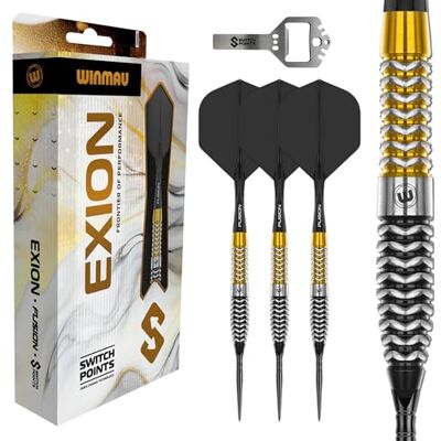 WINMAU Darts – Exion 22g Pointe Acier Professionnel 90% Tungstène Switch Point Tech Onyx & Or Barils Torpedo 2 Pointes Interchangeables (Wave/Lisse) Changement Rapide WINMAU Darts – Exion 22g Pointe Acier Professionnel 90% Tungstène Switch Point Tech Onyx & Or Barils Torpedo 2 Pointes Interchangeables (Wave/Lisse) Changement Rapide