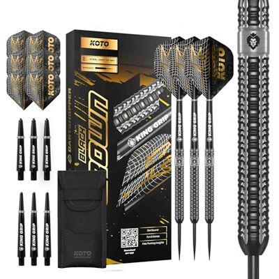 KOTO darts KOTO Black Crown 90% Tungstène Jeu de Fléchettes Pointe Acier, 22G/23G/24G/25G30G, Noir, avec 3 Barrels, 3 Ailettes et 3 Tiges KOTO darts KOTO Black Crown 90% Tungstène Jeu de Fléchettes Pointe Acier, 22G/23G/24G/25G30G, Noir, avec 3 Barrels, 3 Ailettes et 3 Tiges
