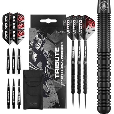 KOTO darts KOTO Tribute Black Tungstène Look, Jeu de Fléchettes Pointe Acier, 14G/18G, Noir, avec 3 Barrels, 3 Ailettes et 3 Tiges KOTO darts KOTO Tribute Black Tungstène Look, Jeu de Fléchettes Pointe Acier, 14G/18G, Noir, avec 3 Barrels, 3 Ailettes et 3 Tiges