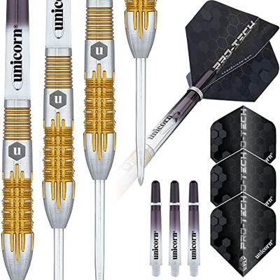 Unicorn Jeu de fléchettes Style PRO-Tech 90 % tungstène naturel avec accents dorés et points volutes Pointe en acier Unicorn Jeu de fléchettes Style PRO-Tech 90 % tungstène naturel avec accents dorés et points volutes Pointe en acier