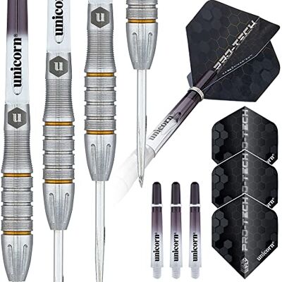 Unicorn Jeu de fléchettes Pro-Tech Style 5 Corps en tungstène 90% naturel avec accents dorés et points de volute Pointe en acier 27 g Unicorn Jeu de fléchettes Pro-Tech Style 5 Corps en tungstène 90% naturel avec accents dorés et points de volute Pointe en acier 27 g