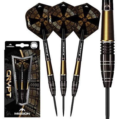 Mission Crypt Jeu de fléchettes avec corps en 90 % tungstène noir et doré avec revêtement PVD et pointe en acier, plusieurs styles et poids Mission Crypt Jeu de fléchettes avec corps en 90 % tungstène noir et doré avec revêtement PVD et pointe en acier, plusieurs styles et poids