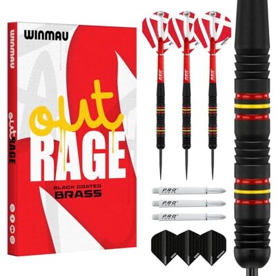 WINMAU Outrage Jeu de fléchettes en laiton 20-23 g avec plumes prismatiques et tiges (cas) WINMAU Outrage Jeu de fléchettes en laiton 20-23 g avec plumes prismatiques et tiges (cas)