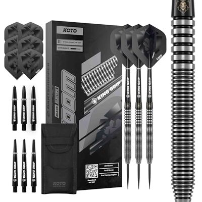 KOTO darts KOTO Zoom Black Electro 90% Tungstène Jeu de Fléchettes Pointe Acier, 21G/23G/25G, Noir, avec 3 Barrels, 3 Ailettes et 3 Tiges KOTO darts KOTO Zoom Black Electro 90% Tungstène Jeu de Fléchettes Pointe Acier, 21G/23G/25G, Noir, avec 3 Barrels, 3 Ailettes et 3 Tiges