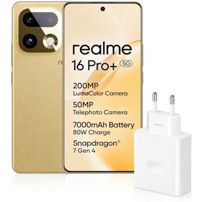 realme 16 Pro+ 5G Smartphone, 8+256 GB, 200MP LumaColor Primary Camera 50MP Front Camera,6.8" 144 Hz AMOLED Curved display, Snapdragon® 7 Gen 4, 7000mAh Battery, 80W SuperVOOC, IP69K, Gold realme 16 Pro+ 5G Smartphone, 8+256 GB, 200MP LumaColor Primary Camera 50MP Front Camera,6.8" 144 Hz AMOLED Curved display, Snapdragon® 7 Gen 4, 7000mAh Battery, 80W SuperVOOC, IP69K, Gold