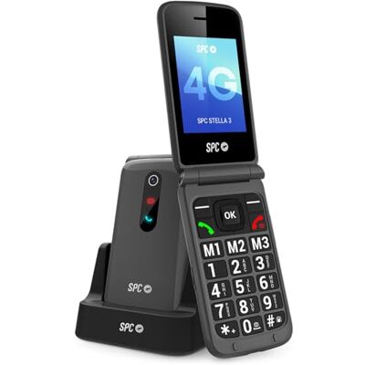 SPC STELLA 3 Téléphone portable senior, 4G, grandes touches, Noir Socle de charge, SOS, configuration à distance, 3 touches de mémoire directe, compatible appareils auditifs, écran 2,8 SPC STELLA 3 Téléphone portable senior, 4G, grandes touches, Noir Socle de charge, SOS, configuration à distance, 3 touches de mémoire directe, compatible appareils auditifs, écran 2,8