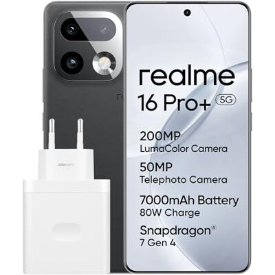 realme 16 Pro+ 5G Smartphone, 12+512 GB, 200MP LumaColor Primary Camera 50MP Front Camera,6.8" 144 Hz AMOLED Curved display, Snapdragon® 7 Gen 4, 7000mAh Battery, 80W SuperVOOC, IP69K, Grey realme 16 Pro+ 5G Smartphone, 12+512 GB, 200MP LumaColor Primary Camera 50MP Front Camera,6.8" 144 Hz AMOLED Curved display, Snapdragon® 7 Gen 4, 7000mAh Battery, 80W SuperVOOC, IP69K, Grey