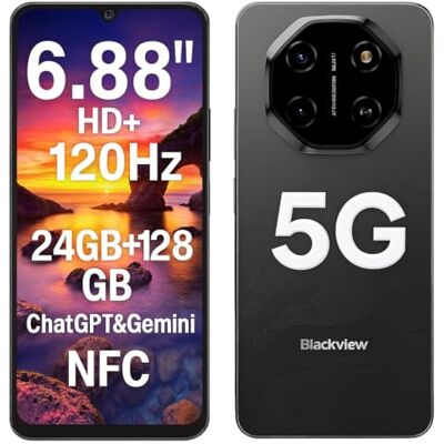 Blackview Smartphone Shark 6 5G avec IA, 24GO+128GO, Écran 6.88" HD+ 120Hz, 3 Assistants IA Intégrés, Caméra 16MP+8MP, Batterie 5000mAh, Double SIM 5G, Android 15 Téléphone Débloqué, GPS NFC, Noir Blackview Smartphone Shark 6 5G avec IA, 24GO+128GO, Écran 6.88" HD+ 120Hz, 3 Assistants IA Intégrés, Caméra 16MP+8MP, Batterie 5000mAh, Double SIM 5G, Android 15 Téléphone Débloqué, GPS NFC, Noir