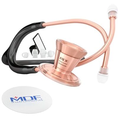 MDF Instruments ProCardial MDF797TRG11 Stéthoscope de cardiologie en titane léger pour adulte avec double pavillon et tube noir et casque en or rose MDF Instruments ProCardial MDF797TRG11 Stéthoscope de cardiologie en titane léger pour adulte avec double pavillon et tube noir et casque en or rose