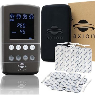 Axion appareil TENS EMS 4 canaux : soulagement de la douleur, stimulation électrique des nerfs et muscles, massage et rééducation du plancher pelvien. Inclut une batterie rechargeable et 12 électrodes Axion appareil TENS EMS 4 canaux : soulagement de la douleur, stimulation électrique des nerfs et muscles, massage et rééducation du plancher pelvien. Inclut une batterie rechargeable et 12 électrodes