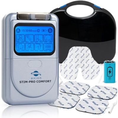 Axion ® STIM-PRO Comfort. Électrostimulateur TENS antidouleur rechargeable Appareil TENS à 8 programmes. 4 électrodes 5x5 cm + 1 cervicale. Batterie Li-Ion rechargeable. Dispositif médical MDR Axion ® STIM-PRO Comfort. Électrostimulateur TENS antidouleur rechargeable Appareil TENS à 8 programmes. 4 électrodes 5x5 cm + 1 cervicale. Batterie Li-Ion rechargeable. Dispositif médical MDR