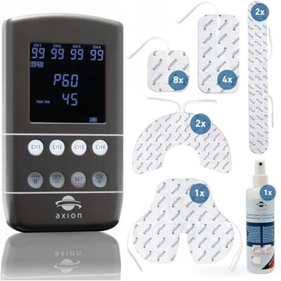 Axion TENS EMS STIM-PRO X9B Appareil combiné 4 canaux avec 8 pièces 5 x 5 cm, 4 électrodes 10 x 5 cm, coussinets d'électrodes spéciaux et spray de contact – Thérapie de la douleur, développement musculaire Axion TENS EMS STIM-PRO X9B Appareil combiné 4 canaux avec 8 pièces 5 x 5 cm, 4 électrodes 10 x 5 cm, coussinets d'électrodes spéciaux et spray de contact – Thérapie de la douleur, développement musculaire
