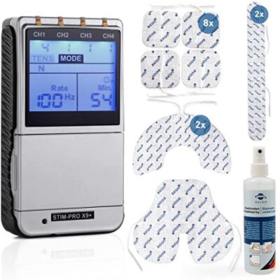 Axion TENS-EMS STIM-PRO X9+ appareil combiné 4 canaux avec 8 électrodes 5x5 cm, pads spéciaux & spray contact thérapie douleur, renforcement musculaire & massage dispositif médical certifié Axion TENS-EMS STIM-PRO X9+ appareil combiné 4 canaux avec 8 électrodes 5x5 cm, pads spéciaux & spray contact thérapie douleur, renforcement musculaire & massage dispositif médical certifié