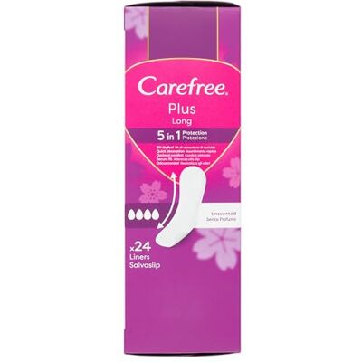 Carefree Plus Long Lot de 24 protège-slips sans parfum extra longs Protège-slips de protection 5 en 1, 8 h de sensation de sec, fins, confortables et délicats, absorption rapide Carefree Plus Long Lot de 24 protège-slips sans parfum extra longs Protège-slips de protection 5 en 1, 8 h de sensation de sec, fins, confortables et délicats, absorption rapide