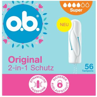 o.b. Super Tampons de protection 2 en 1 originaux (1 x 56 pièces) avec ajustement dynamique et rainures imbriquées pour jusqu'à 100% de protection contre les fuites et de confort o.b. Super Tampons de protection 2 en 1 originaux (1 x 56 pièces) avec ajustement dynamique et rainures imbriquées pour jusqu'à 100% de protection contre les fuites et de confort