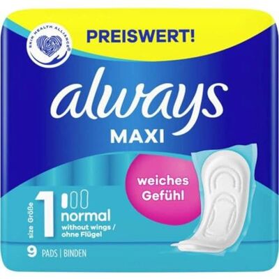 Always Maxi Serviettes hygiéniques pour femme taille 1, normale (9 serviettes hygiéniques) douces et super absorbantes, neutralisant les odeurs et protection anti-fuite Always Maxi Serviettes hygiéniques pour femme taille 1, normale (9 serviettes hygiéniques) douces et super absorbantes, neutralisant les odeurs et protection anti-fuite