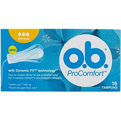 o.b. ProComfort Normal, Débit moyen à intense, tampons insertion et retrait faciles, 6 paquets de 16 pièces o.b. ProComfort Normal, Débit moyen à intense, tampons insertion et retrait faciles, 6 paquets de 16 pièces