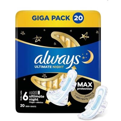 Always Ultimate Night Lot de 20 serviettes hygiéniques pour femme avec ailettes, super absorbantes et ultra fines Taille 6 Always Ultimate Night Lot de 20 serviettes hygiéniques pour femme avec ailettes, super absorbantes et ultra fines Taille 6