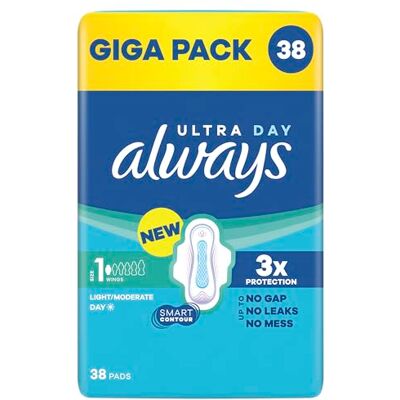 Always Ultra Serviettes hygiéniques pour femme Taille 1 Normal (38 serviettes hygiéniques avec ailettes) Giga Pack, fines et super absorbantes, neutralisant les odeurs et protection contre les fuites Always Ultra Serviettes hygiéniques pour femme Taille 1 Normal (38 serviettes hygiéniques avec ailettes) Giga Pack, fines et super absorbantes, neutralisant les odeurs et protection contre les fuites