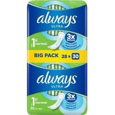 Always Ultra Serviettes hygiéniques pour femme Taille 1 Normal (30 serviettes hygiéniques), fines et super absorbantes, neutralisant les odeurs et protection contre les fuites Always Ultra Serviettes hygiéniques pour femme Taille 1 Normal (30 serviettes hygiéniques), fines et super absorbantes, neutralisant les odeurs et protection contre les fuites