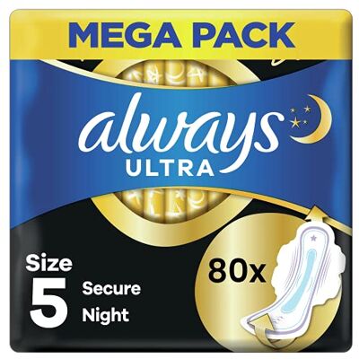 Always Ultra Lot de 80 serviettes hygiéniques avec ailettes, Secure Night, taille 5, lot de 20 (4 paquets), neutralisant les odeurs, noyau absorbant Always Ultra Lot de 80 serviettes hygiéniques avec ailettes, Secure Night, taille 5, lot de 20 (4 paquets), neutralisant les odeurs, noyau absorbant