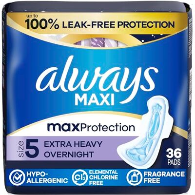 Always Maxi serviettes de nuit avec ailes, taille 5, extra lourdes, non parfumées, 36 pièces Always Maxi serviettes de nuit avec ailes, taille 5, extra lourdes, non parfumées, 36 pièces