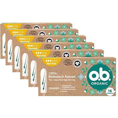 o.b. Organic Normal, tampons bio pour flux moyens à abondants en coton 100% biologique avec rainures incurvées pour une protection fiable et naturelle, 16 pièces o.b. Organic Normal, tampons bio pour flux moyens à abondants en coton 100% biologique avec rainures incurvées pour une protection fiable et naturelle, 16 pièces