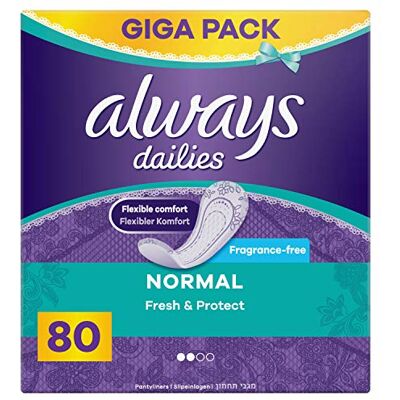 Always Dailies Normal Fresh & Protect Lot de 80 protège-slips respirant, élastique et confortable et possède un noyau absorbant Always Dailies Normal Fresh & Protect Lot de 80 protège-slips respirant, élastique et confortable et possède un noyau absorbant