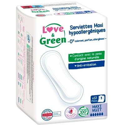 Love & Green Serviettes hygiéniques et hypoallergéniques certifiées Dermatest "MAXI NUIT" x 12 : Sans colorant, parfum, allergènes (Lot de 2x12) Love & Green Serviettes hygiéniques et hypoallergéniques certifiées Dermatest "MAXI NUIT" x 12 : Sans colorant, parfum, allergènes (Lot de 2x12)
