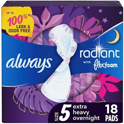Always Radiant Flexfoam Pads for Women, Size 5, Extra Heavy Overnight Absorbency, With Wings, Scented, 18Count Always Radiant Flexfoam Pads for Women, Size 5, Extra Heavy Overnight Absorbency, With Wings, Scented, 18Count