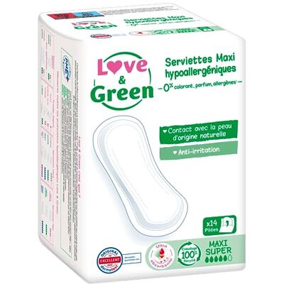 Love & Green Serviettes hygiéniques et hypoallergéniques certifiées Dermatest "MAXI SUPER" x 14 : Sans colorant, parfum, allergènes Love & Green Serviettes hygiéniques et hypoallergéniques certifiées Dermatest "MAXI SUPER" x 14 : Sans colorant, parfum, allergènes