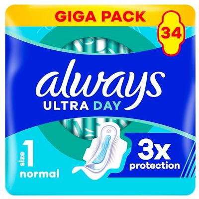 Always Ultra Day Normal Lot de 34 serviettes hygiéniques avec ailettes, super absorbantes et ultra fines pour les règles (taille 1) Always Ultra Day Normal Lot de 34 serviettes hygiéniques avec ailettes, super absorbantes et ultra fines pour les règles (taille 1)